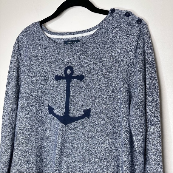 Nautica Sweater Nautical Sweater LS Top Pullover Blue Marled Anchor - Picture 4 of 6